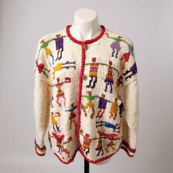 Vintage Sweaters - Amano Vtg Wool Hand Knit Cream Aztec People Dancing Cardigan Sweater Size XL